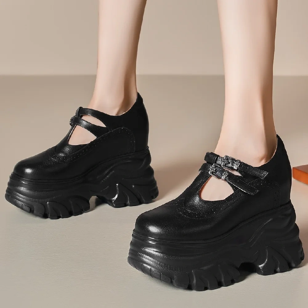 Spring Autmun New Retro Style Slim Height Increasing Platform Wedges Shallow Buckle Strap Genuine Leather Women Loafers Shoes
