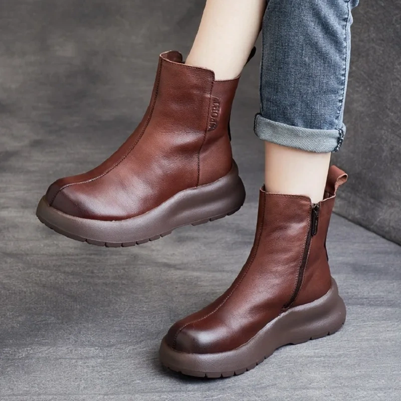Spring Autumn Winter New British Style Retro Chunky Sole Platform Genuine Leather Zipper Women High Top Motorcycle Boots 2411