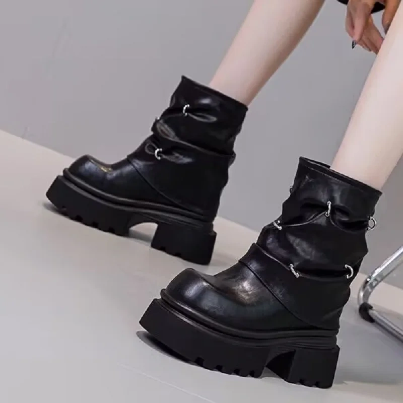 Winter New Punk Style Height Increasing Platform Rivet Plush Inside Genuine Leather Slip-On Women Mid-Calf Foldover Boots 2411