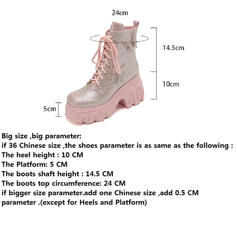 Spring Autumn Winter New Super High Heels Platform Square Toe Bowknot Crystal Genuine Leather Women Ankle Short Modern Boots