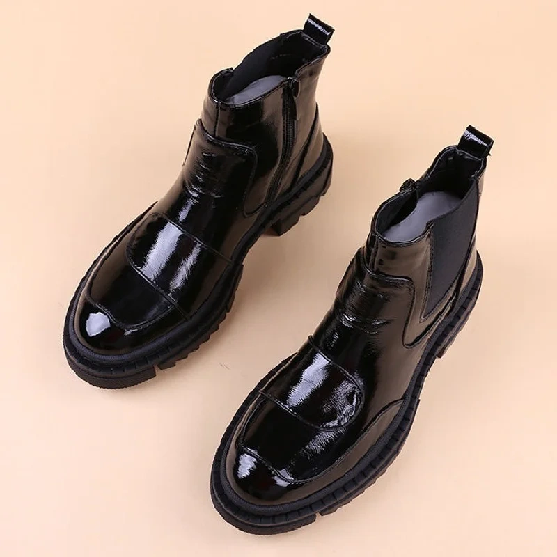 Spring Autumn New British Style Retro Chunky Bottom Platform Patent Leather Men Ankle Short Chelsea Boots Winter Plush 2311