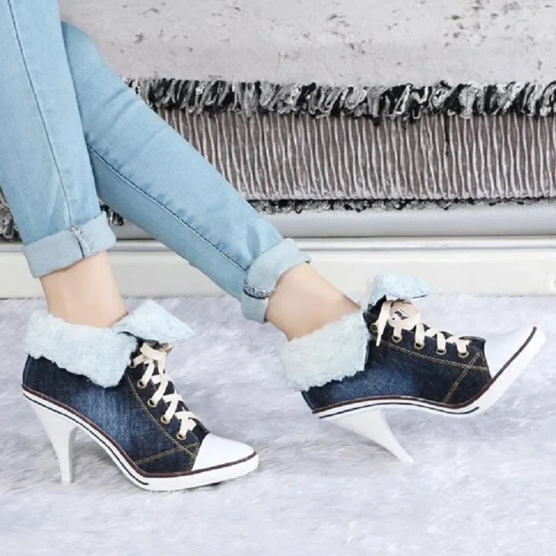 Winter Pointed Toe Lace-up Women Denim Ankle Boots Thick Warm Lady High Heels Short Boots Plus Size 41 42 Big Size Jean Shoes
