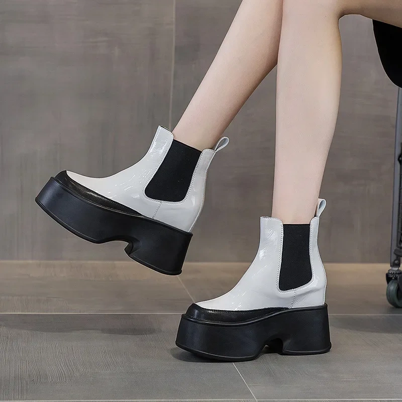 Spring Autumn New Slim Height Increasing Platform Slip-On Patent Leather Women High Top Short Chelsea Boots Winter Plush 2411