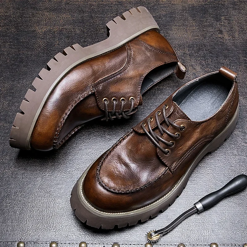 Spring Autumn New British Style Retro Chunky Bottom Platform Sewing Cross-tied Genuine Leather Men Motorcycle Shoes 2312