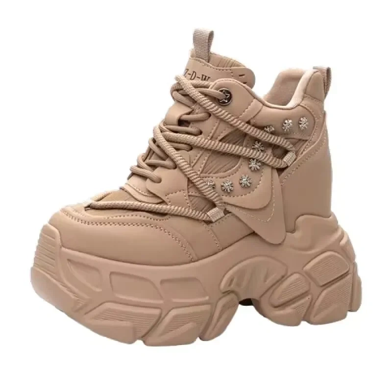 Spring Autumn New Slim Height Increasing Platform Crystal Genuine Leather Lace-Up Women High Top Casual Shoes Sneakers 2411