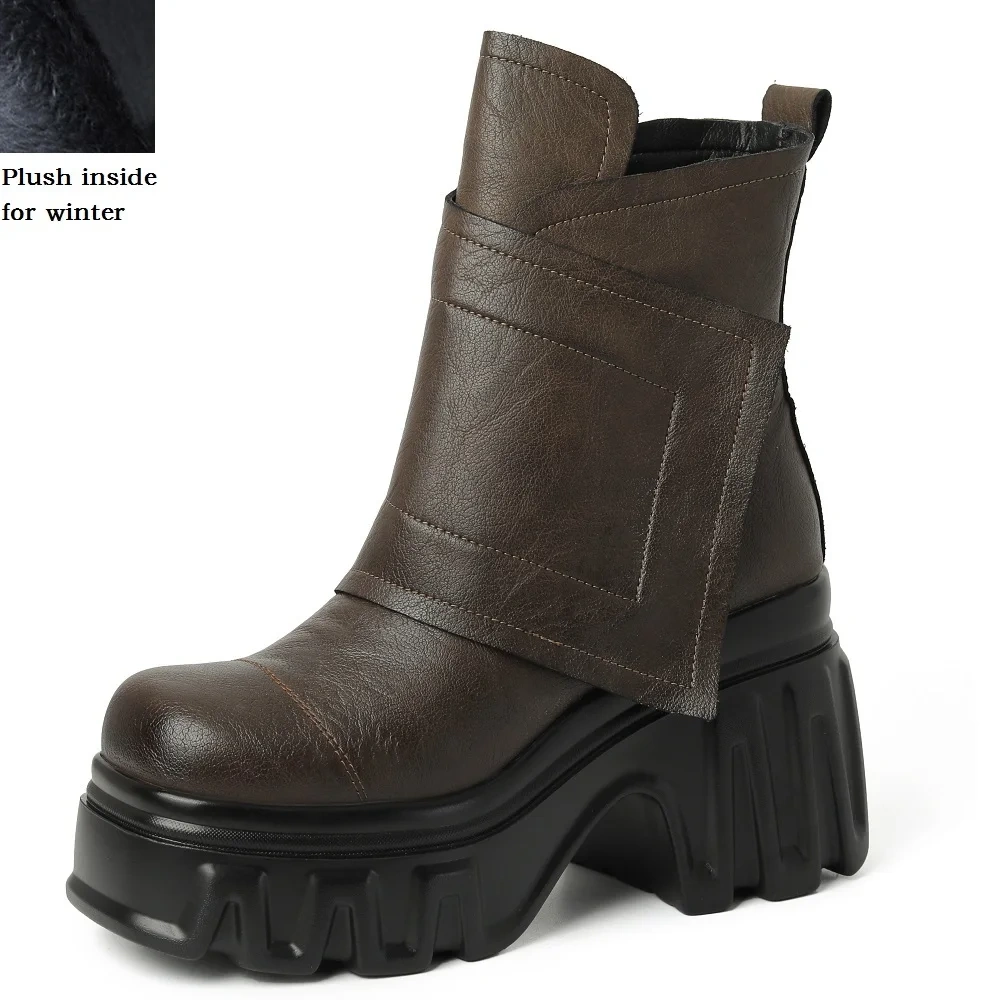 Spring Autumn New Slim 10CM Super High Heels Platform Square Toe Genuine Leather Women Ankle Short Modern Boots Winter Plush