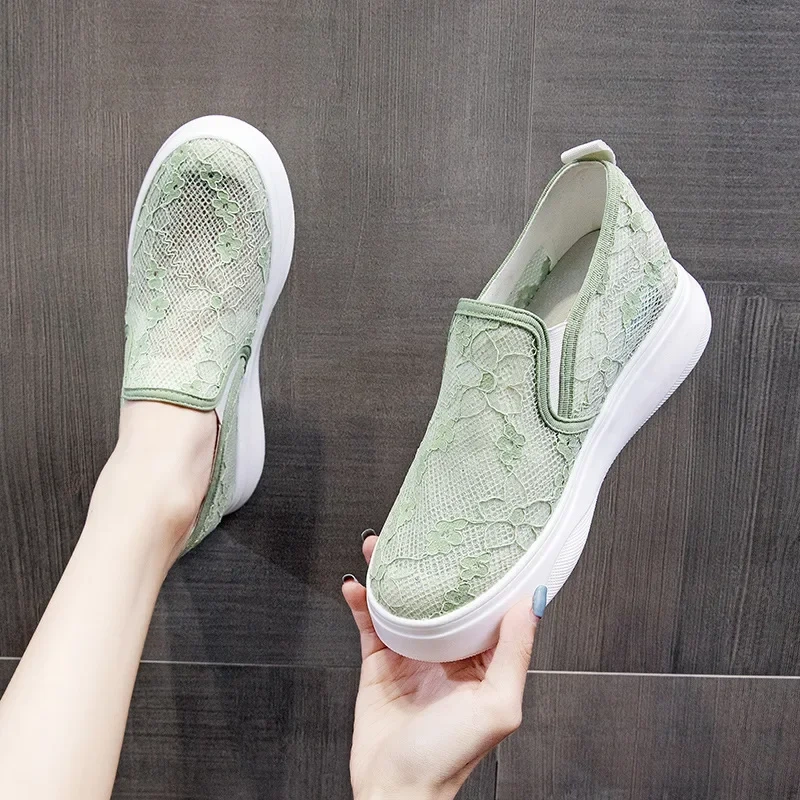 Women Loafers Shoes Summer New Leisure Height Increasing Platform Cut Out Lace Embroidery Slip-On Ladies Lazy Casual Pumps 2304