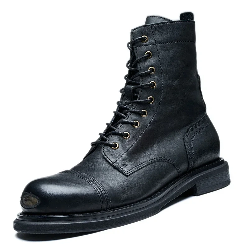 Spring Autumn New British Style Retro Thick Low Heels Sewing Handmade Cross-tied Genuine Leather Men High Top Motorcycle Boots