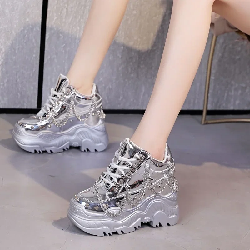 Spring Autumn Punk Style Height Internal Platform Metal Chain Rivet Rainbow Color Genuine Leather Women Casual Shoes Sneakers