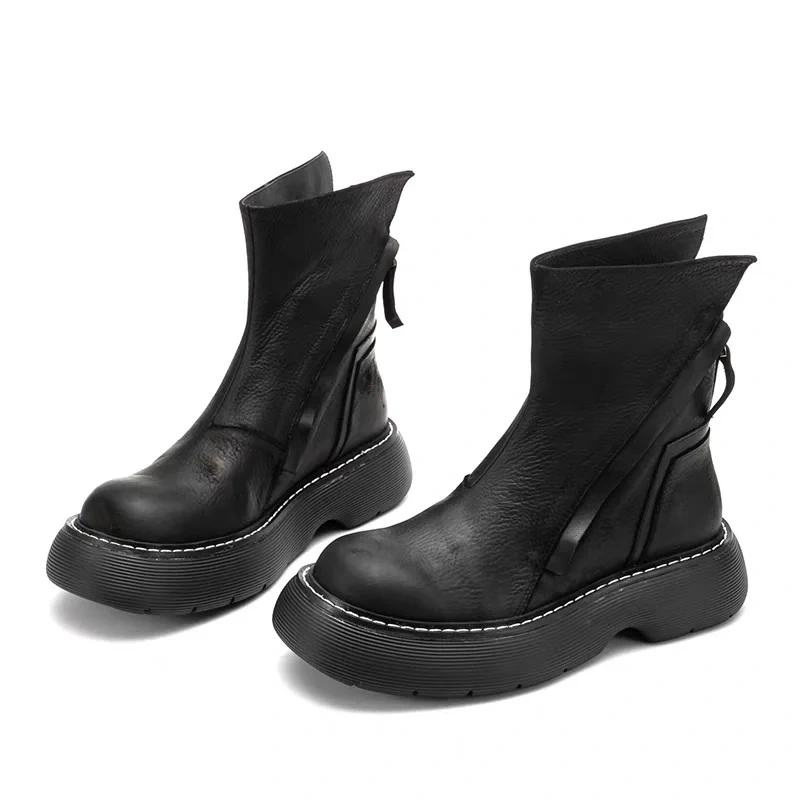 Spring Autumn British Style Chunky Bottom Platform Sewing Genuine Leather Men Mid-Calf Work Safety Boots Winter Plush Inside