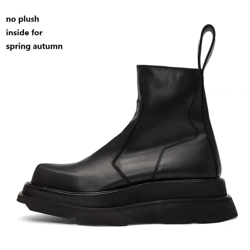 Spring Autumn New British Style Retro Chunky Bottom Platform Sewing Genuine Leather Men Mid-Calf Work Safety Boots Winter Plush