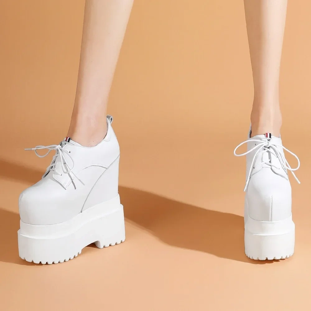 Spring Autumn New Slim 18 CM High Heels Height Increasing Platform White Lace-Up Genuine Leather Women Modern Pumps 2505