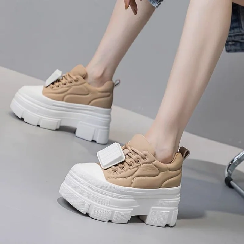 Spring Autumn New Korean Style Slim 10 CM High Heels Wedges Platform Lace-Up Genuine Leather Women Casual Shoes Ladies Sneakers