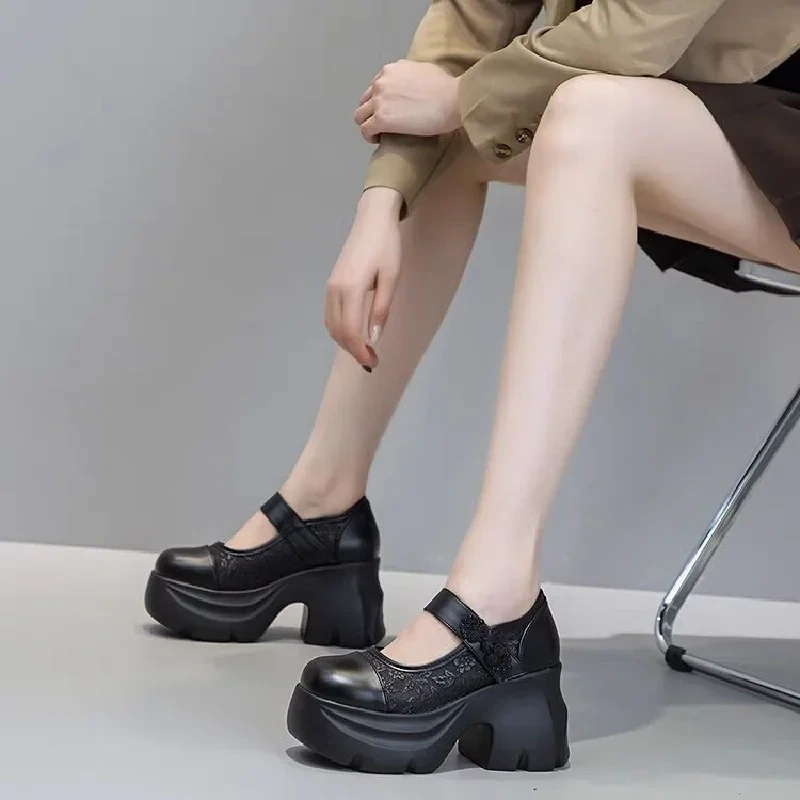 Spring Autumn New Retro Super High Heels Platform Shallow Buckle Embroidery Mesh Genuine Leather Women Casual Shoes 2411