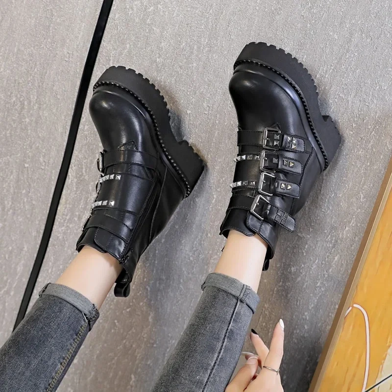 Winter New Punk Style Slim Height Increasing Platform Belt Buckle Rivet Zipper Genuine Leather Women Mid-Calf Modern Boots 2410