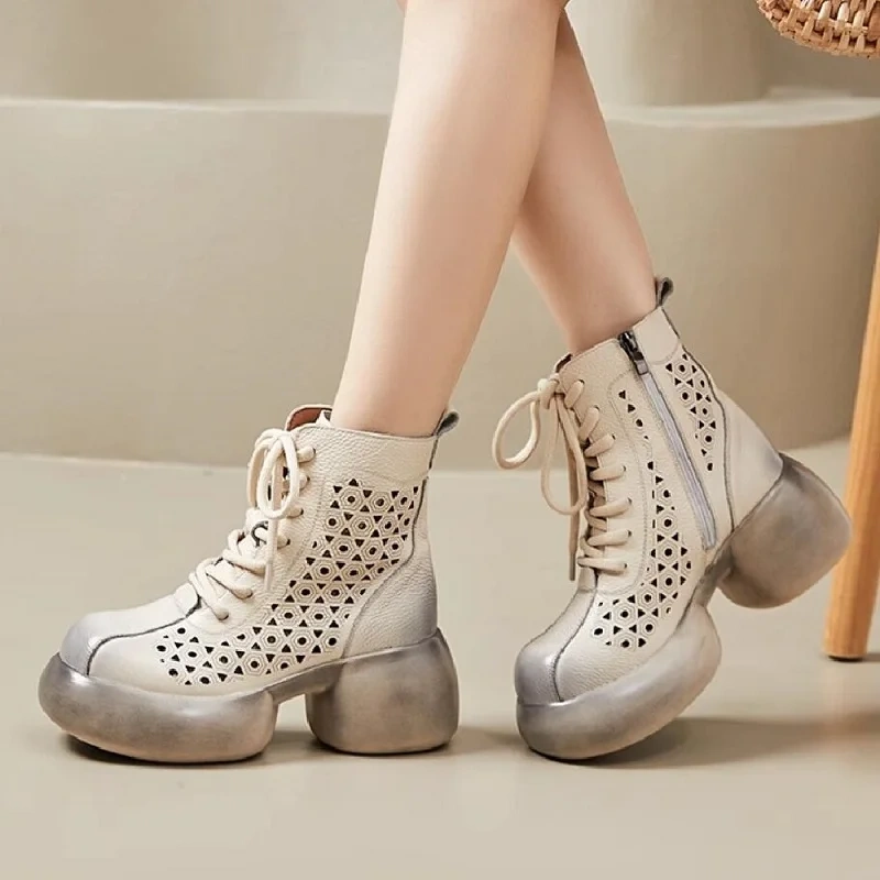 Summer Retro 7 CM Thick High Heels Platform Hollow Breathable Cross-tied Genuine Leather Women Ankle Short Casual Boots 50113