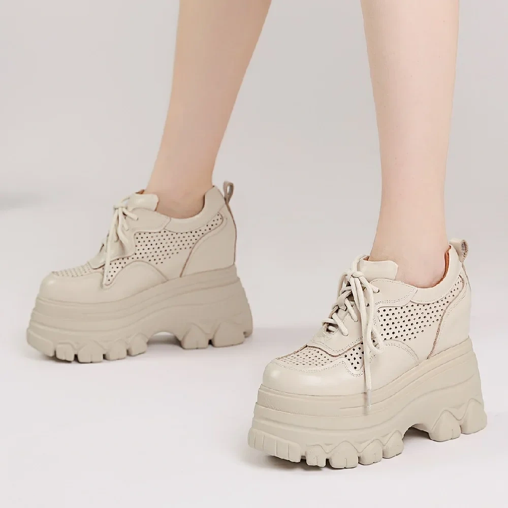 Spring Autumn New Slim 12 CM High Heels Wedges Platform Hollow Cross-tied Genuine Leather Women Casual Sneakers Shoes 2403