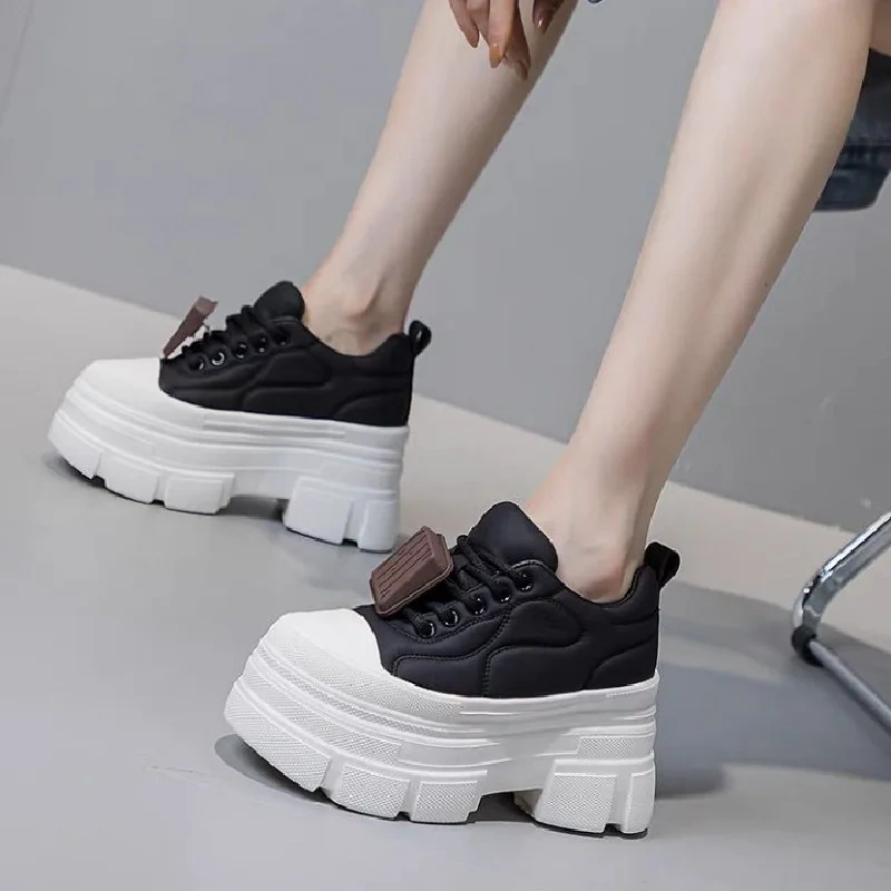 Spring Autumn New Korean Style Slim 10 CM High Heels Wedges Platform Lace-Up Genuine Leather Women Casual Shoes Ladies Sneakers