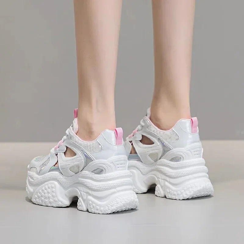 Summer New Korean Style Slim Height Increasing Platform Crystal Hollow Cross-tied Genuine Leather Women Modern Pumps 2411