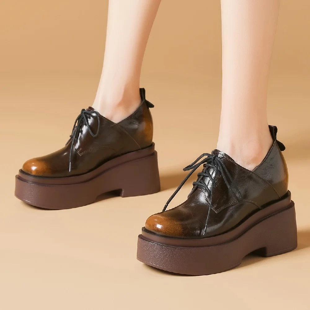 Spring Autumn New British Style Height Increasing Platform Cross-tied Mixed Colors Genuine Leather Women Business Pumps 2401