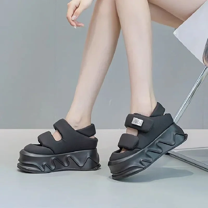 Summer New Fashion Slim Height Increasing Platform Round Toe Back Strap Wedges Genuine Leather Women Modern Rome Sandals 2405