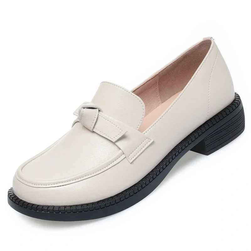 Women Loafers Spring Autumn British Style Retro Thick Heels Shallow Bowknot Sewing Plus Size 42 43 Genuine Leather Ladies Pumps