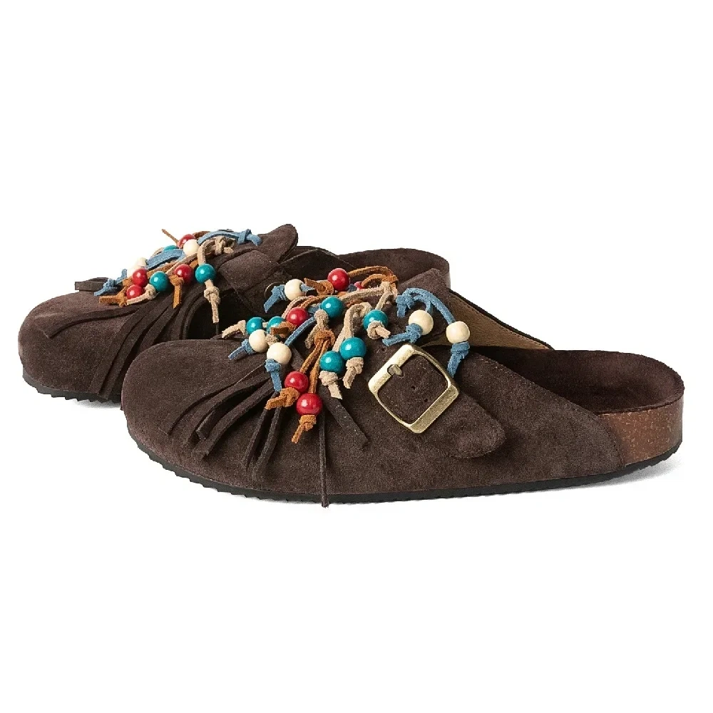 Spring Autumn New Retro Leisure Flat Sole String Bead Fringe Belt Buckle Slip-On Genuine Leather Women Casual Shoes 2411