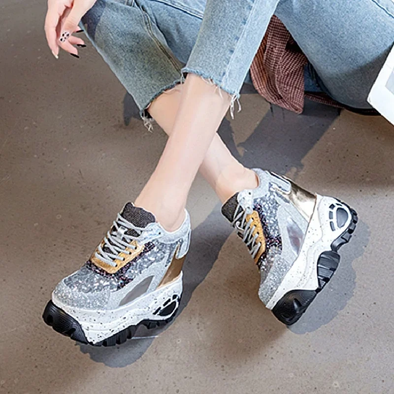 Spring Autumn New Slim Hide Height Increasing Platform Wedges Bling Lace-Up Genuine Leather Women Casual Shoes Sneakers 41223