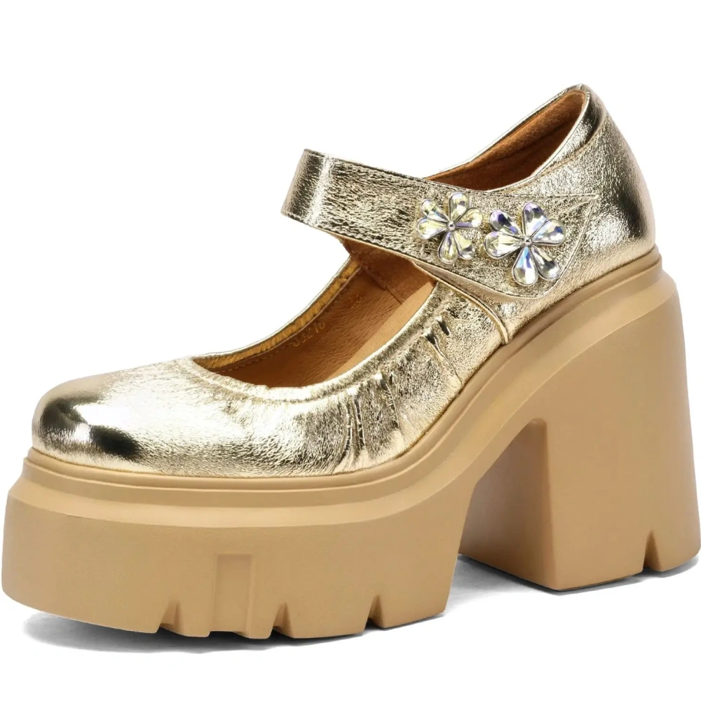 Ladies New Spring Summer 12 CM Chunky Heel Platform Crystal Flower Shoes Pleated Shallow Mouth Genuine Leather Sandals 50220