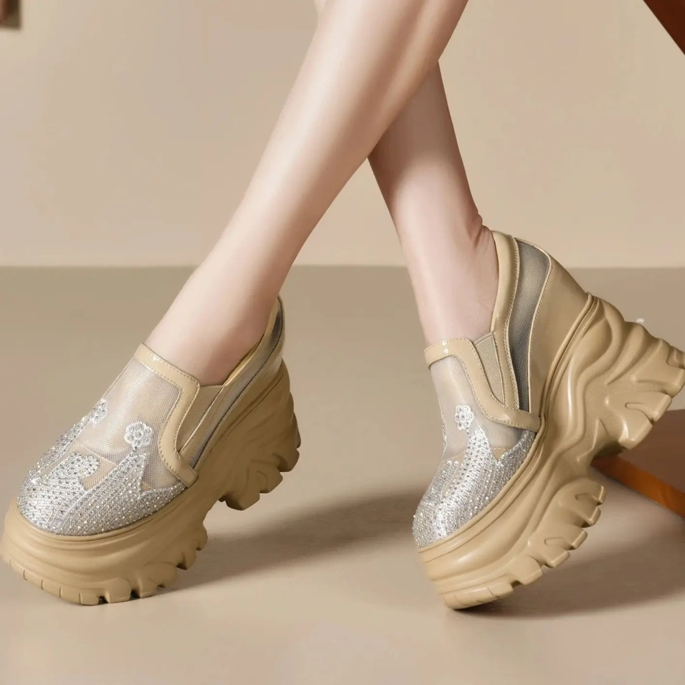 Women Summer New 12 CM Wedge Hidden Heels Thick Sole Genuine Leather Sandals Deep Vamp Crystals Mesh Cut Out Loafers Shoes 50221
