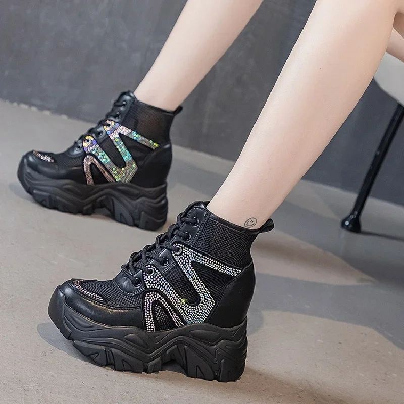 Women Pumps Summer New Slim Height Increasing Platform Bling  Crystal Breathable Mesh Genuine Leather Ladies Casual Sneakers 230