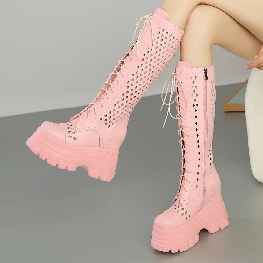 Summer New Slim Height Increasing Platform Hollow Cross-tied Genuine Leather Zipper Women Knee-High Long Modern Boots 2411