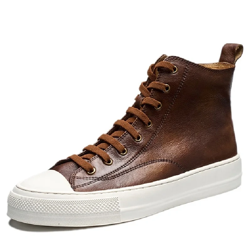 Spring Autumn New Korean Style Leisure Chunky Sole Cross-tied Full Grain Leather Men High Top Casual Shoea Male Sneakers 2411
