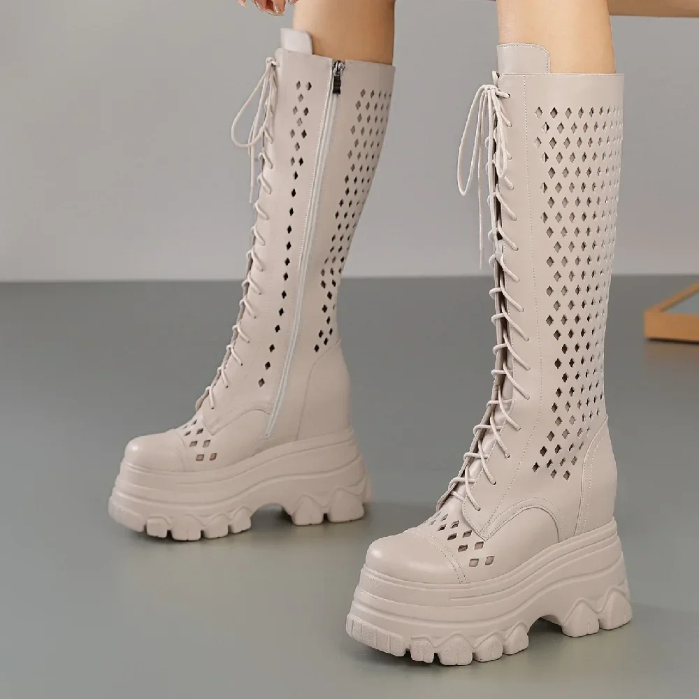 Summer New Slim Height Increasing Platform Hollow Cross-tied Genuine Leather Zipper Women Knee-High Long Modern Boots 2411