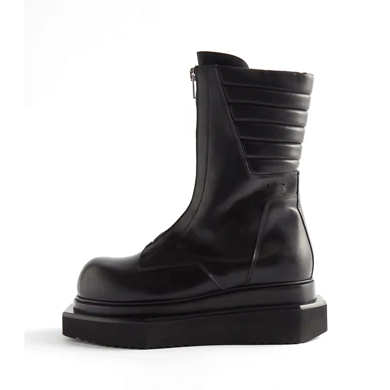 Spring Autumn New Leisure Chunky Bottom Platform Pleated Zippers Black Size 38-44 Genuine Leather Men Mid-Calf Motorcycle Boots