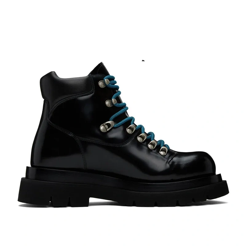 British Punk Style Height Increasing Platform Cross-tied Metal Buckle Size 38-44 Genuine Leather Men Ankle Short Chunky Boots
