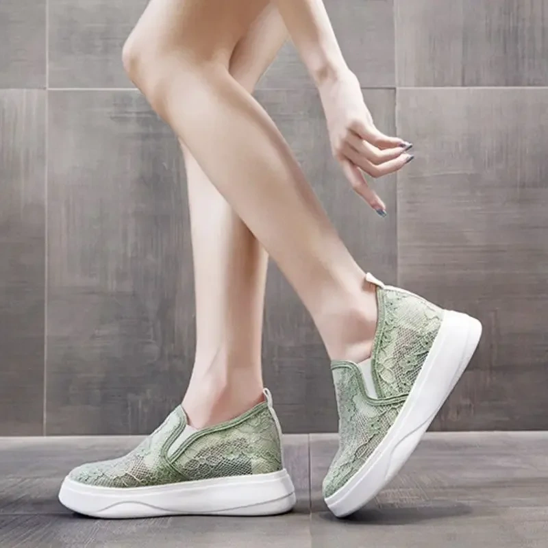 Women Loafers Shoes Summer New Leisure Height Increasing Platform Cut Out Lace Embroidery Slip-On Ladies Lazy Casual Pumps 2304