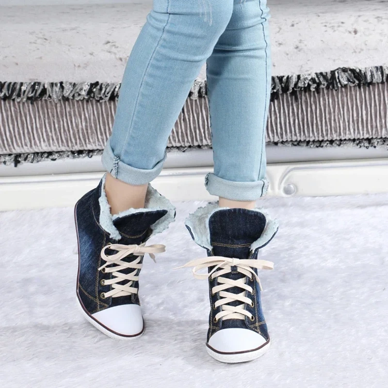 Winter Pointed Toe Lace-up Women Denim Ankle Boots Thick Warm Lady High Heels Short Boots Plus Size 41 42 Big Size Jean Shoes