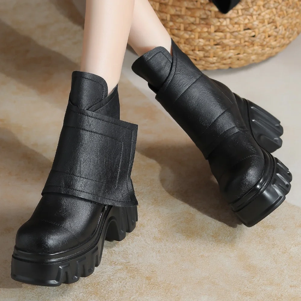Spring Autumn New Slim 10CM Super High Heels Platform Square Toe Genuine Leather Women Ankle Short Modern Boots Winter Plush