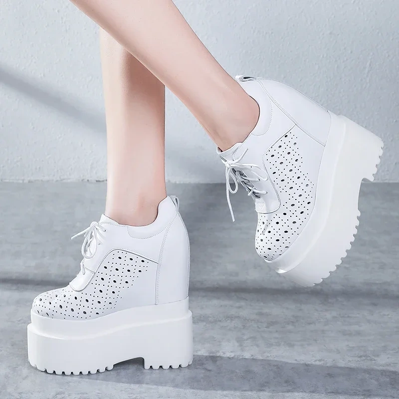 Spring Summer Autumn New Fashion Slim Height Increasing Platform Hollow Cross-tied Genuine Leather Women Casual Shoes Sneakers
