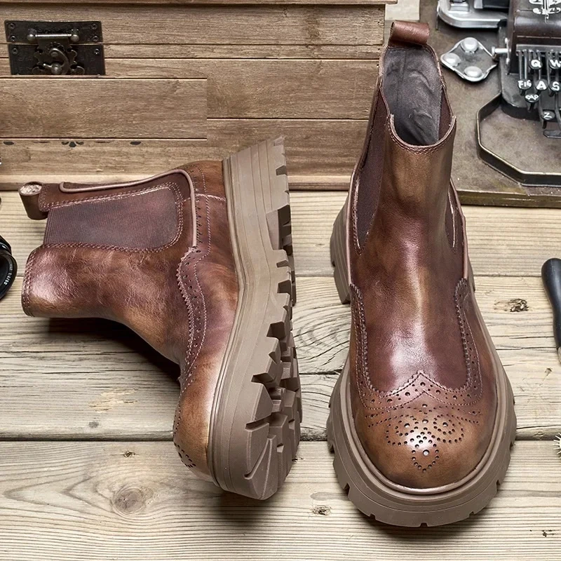 Spring Autumn New British Style Retro Chunky Bottom Platform Slip-On Genuine Leather Men Ankle Short Brogue Chelsea Boots 2307