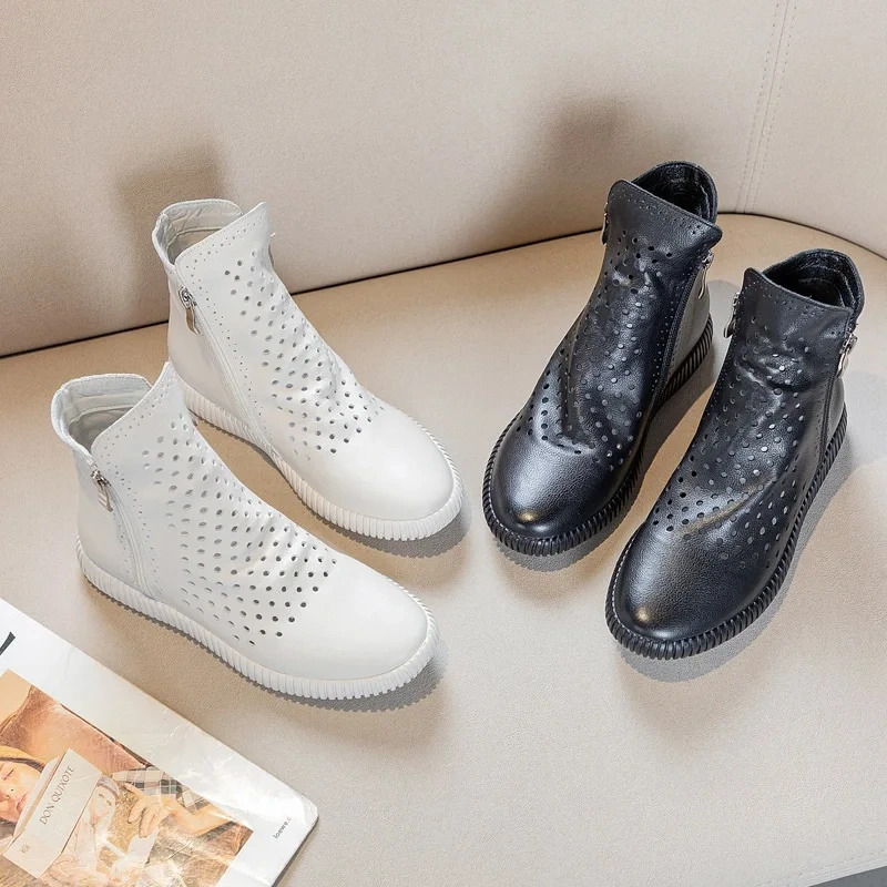 Summer Leisure Flat Bottom Sewing Hollow Cut Out Genuine Leather Women High-top Gladiator Boots Ladies Ankle Short Botas 2303