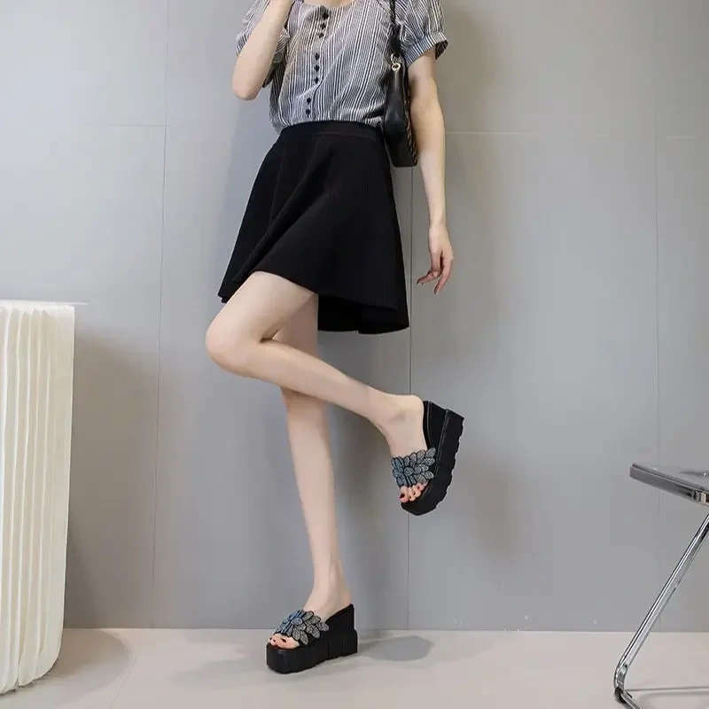 Summer New Outside Fashion Slim Super High Heels Wedges Platform Cut Out Crystal Bowknot Genuine Leather Women Rome Slippers 230
