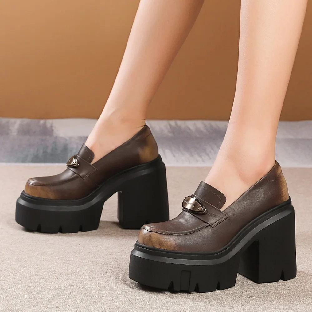 Women Loafers Spring Autumn New Slim 10CM Super High Heels Platform Metal Decoration Genuine Leather Slip-On Women Modern Pumps