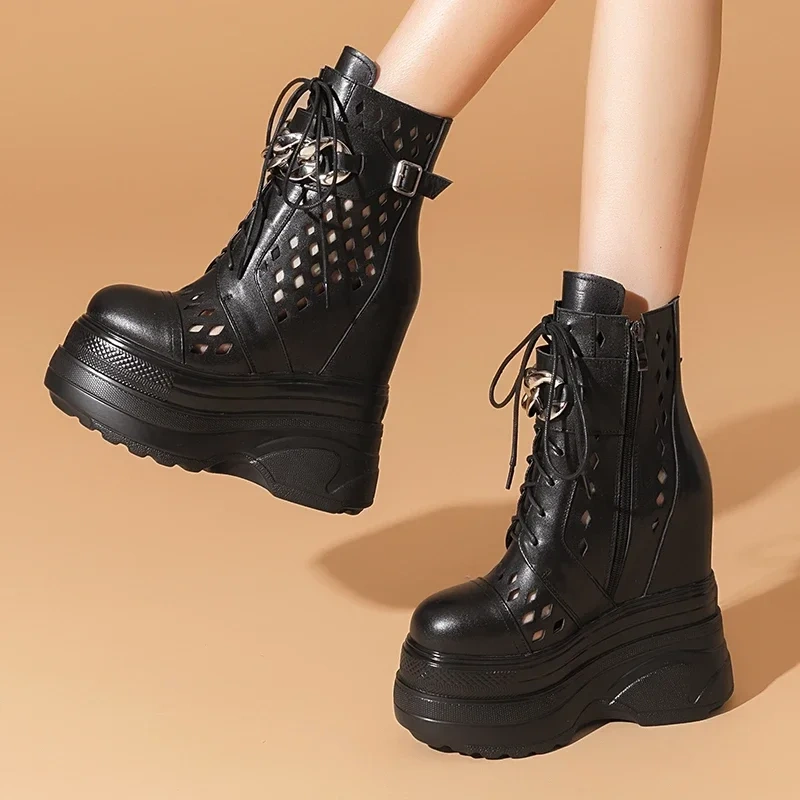 Summer New Slim Height Increasing Platform Chic Metal Chain Belt Buckle Zipper Genuine Leather Women Ankle Short Modern Boots