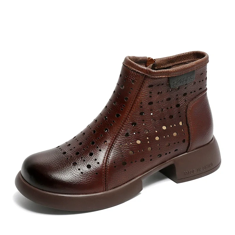 Summer Spring Autumn New British Style Retro Thick Heels Hollow Zipper Genuine Leather Women Ankle Short Equestrian Boots 2406