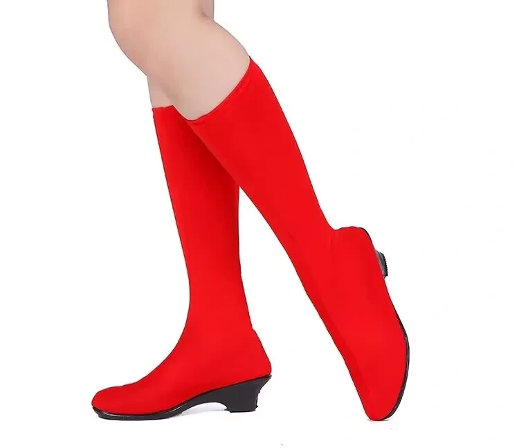 Women Popular Minority Dance Show Shoes Slip-On Cotton Fabric Vamp Mid-Calf Height Med Square Heels Performance Boots 0506