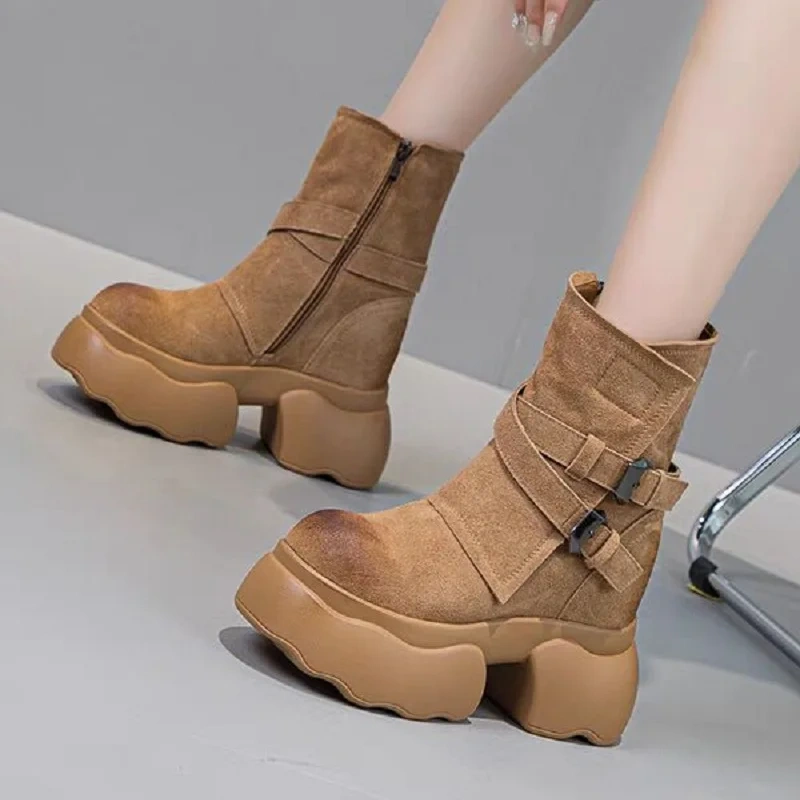 Spring Autumn New British Style Retro Height Internal Platform Belt Buckle Genuine Leather Women Ankle Short Equestrian Boots