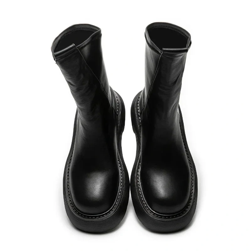 Spring Autumn New British Concise Style Chunky Sole Sewing Genuine Leather Slip-On Men High Top Mid-Calf Motorcycle Boots 41210