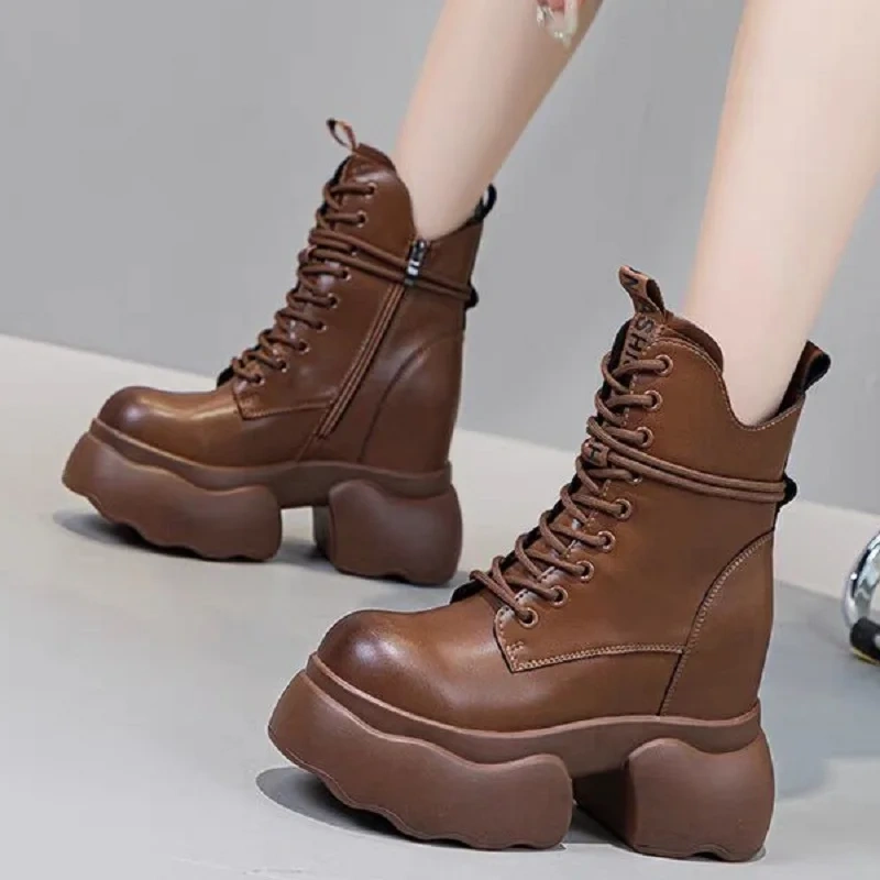 Spring Autumn New British Style Retro Height Increasing Platform Cross-tied Genuine Leather Women Mid-Calf Equestrian Boots 2409